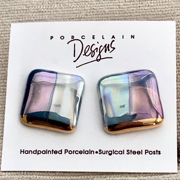 Hand-painted Porcelain  Earrings Iridescent & Gold Posts - Picture 1 of 3